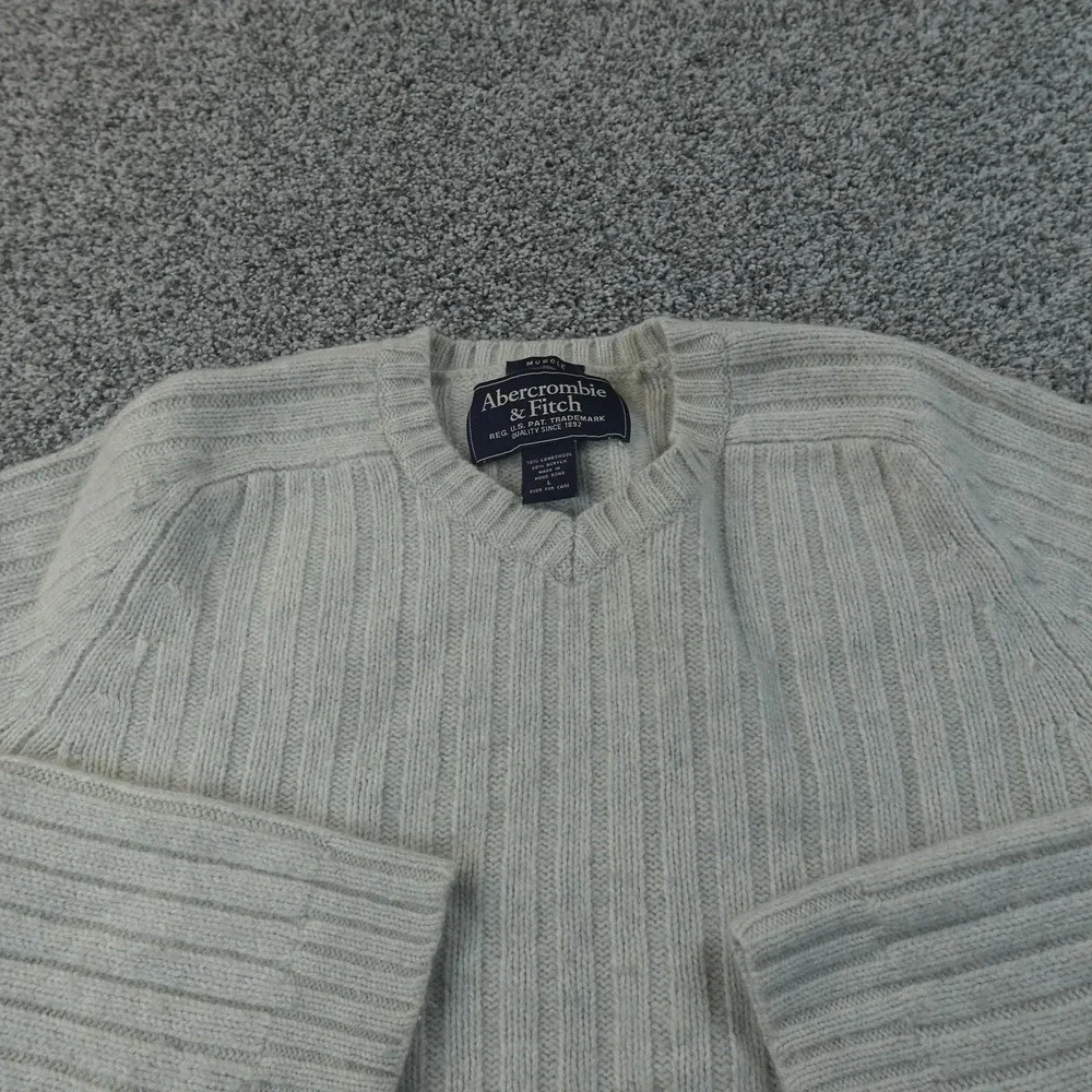 VTG Abercrombie Fitch Sweater Mens L Gray Lambswool V Neck Rib Knit Pullover 90s
